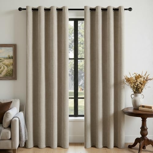 Image of 100% Blackout Curtains for Bedroom, Luxury Chenille Thermal Insulated Drapes for Living Room, Energy Saving Room Darkening 84 Inch Long Curtains, Grommet Top, 2 Panels, 52 inch W x 84 inch L, Khaki
