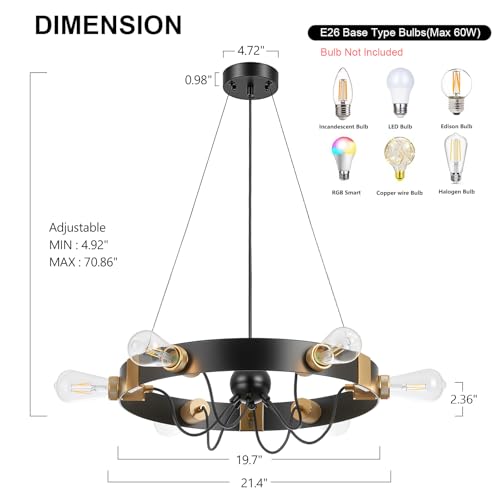 Image of 6-Light Wagon Wheel Chandelier, Black Gold Farmhouse Pendant Light | 21.4 Inch Industrial Pendant Light for Kitchen Island, Adjustable Hanging Height, Rust-Proof, ETL Certified, E26 Sockets