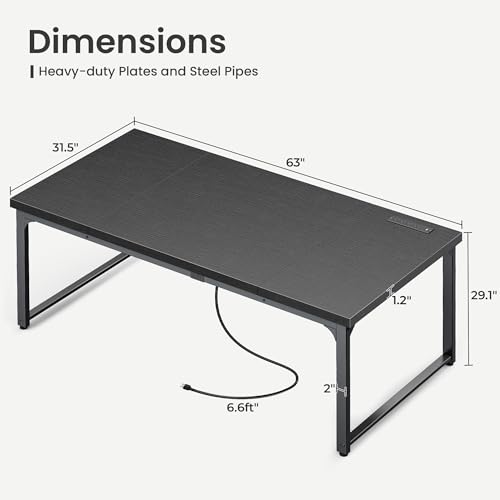 Huuger 63 x 31.5 inch Desk with Power Outlets & USB-C, 1.2 Inch Thicker Desktop, Robust Metal Tubes, Deep Computer Desk, Heavy Duty Office Work Desk, for Home Office, Black