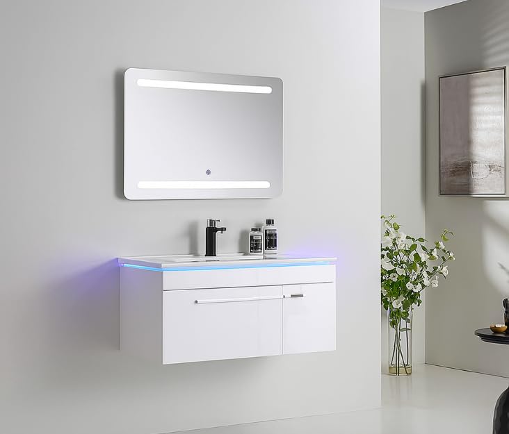 Faizee Möbel Hochglanz Badmöbel Set mit Keramik-Waschbecken & Unterschrank – Modernes 4-teiliges Badezimmer Set mit Soft-Close Unterschrank (Hochglanz Weiß, 90 cm)