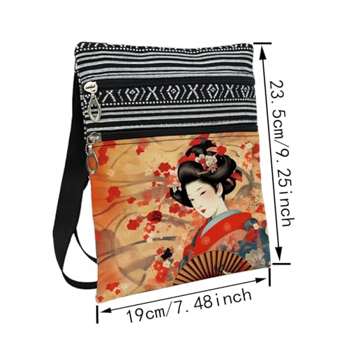 Japanese Geisha Messenger Bag Small Ethnic Pattern Printed Adjustable Strap Crossbody Zipper Bag Japanese Geisha Phone Bag Wallet Cute Shoulder Handbag for Women2
