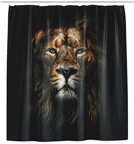 Black Lion Shower Curtain for Mens Bathroom, Wildlife Powerful Majestic Leo King Head Animal Bathroom Accessories Sets, Kids Boys Black Gold Waterproof Polyester Fabric Bath Curtain, 60 x 72