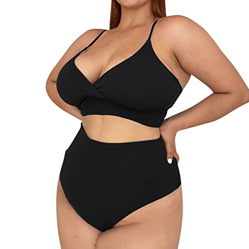 Tankini deux pièces femme noir 3XL : ensemble de bain grande taille à effet torsadé
