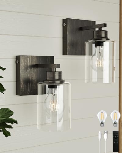 Image of Rayogale Wireless Battery Operated Wall Sconce Set of 2 with Remote Control | Retro Industrial Black Brass Dimmable Easy Install Rechargeable Wall Light with Timer for Living Room Bedroom Emergency 3000K