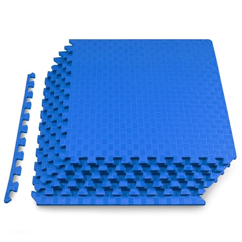 Image of ProsourceFit Exercise Puzzle Mat -inch, Checkered EVA Foam Floor Tiles w / Non-Slip Texture, Interlocking Design for Adjustable Gym Surfaces, Shock Absorbing, Blue, 24 Sq Ft - 6 Tiles