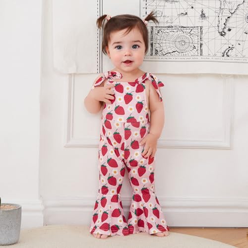 Strawberry Jumpsuit Toddler Girl Flare Romper Baby Bell Bottoms Floral Print Wide Leg Overalls Sleeveless Playsuit2