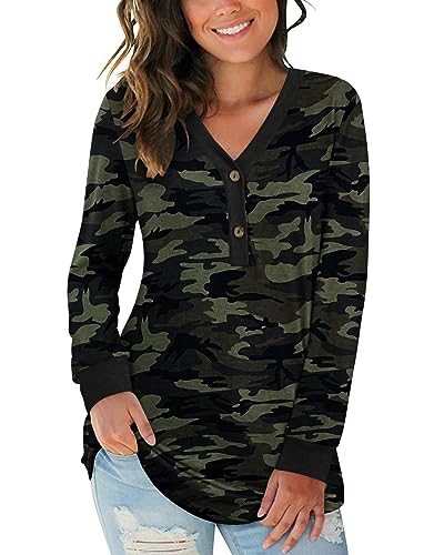 AUSELILY Damen Langarm V-Ausschnitt Knopfoberteile Henley Bluse Kausales...