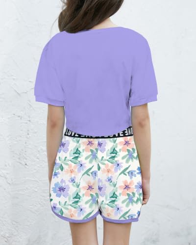 Image of Betusline Girls Summer 2 Piece Outfits,Kids Short Sleeve Crop Top & Shorts Set with Side Pockets