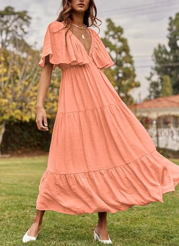 Image of Kikibell Women Summer Dresses Sexy V-Neck Maxi Dress Tiered Silhouette with Flutter Sleeve Backless Elastic Waist Flowy Dress
