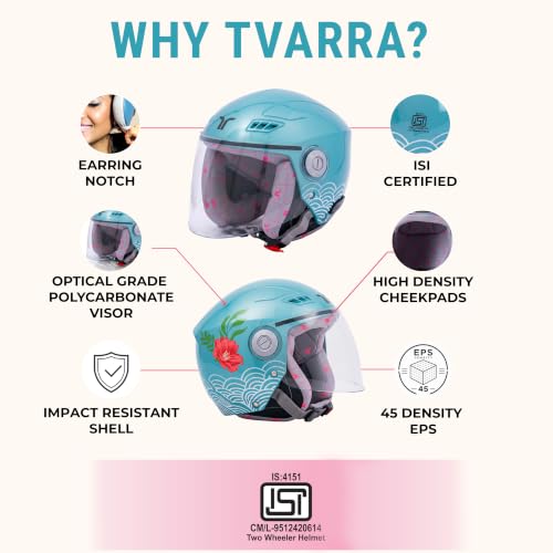 Image of TVARRA Lilt Women's Open Face Helmet for Scooty | Lightweight 750g | Stylish Designer Half Face Helmet with Clear Visor | Designed for Ladies & Girls | ISI Certified (Aqua Blue,S)
