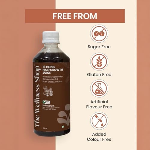 Image of The Wellness Shop 18 Herbs Hair Growth Juice 500ml (Pack of 2) | Ayurvedic Drink with Amla, Bhringraj & Noni | Supports Hair Fall Control, Stronger Roots & Scalp Nourishment
