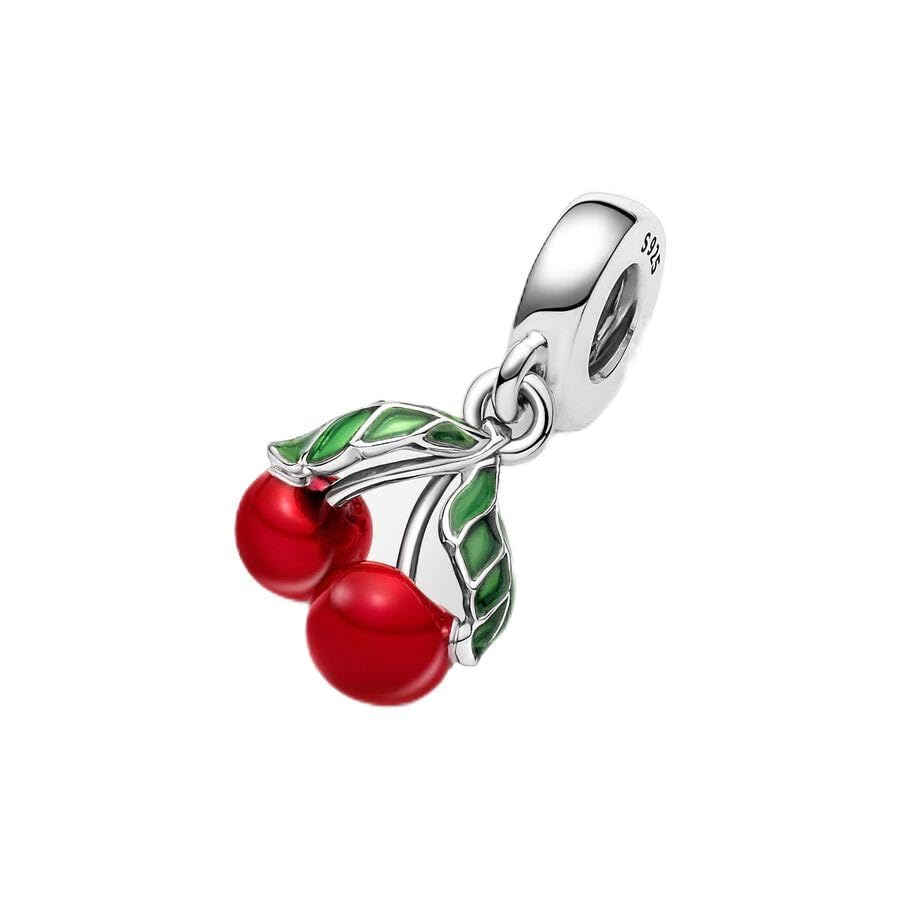 Asymmetrical Cherry Fruit Dangle Charm 925 Sterling Silver Pendant,Jewelry Beads Gifts for Women Bracelet&Necklace A01042