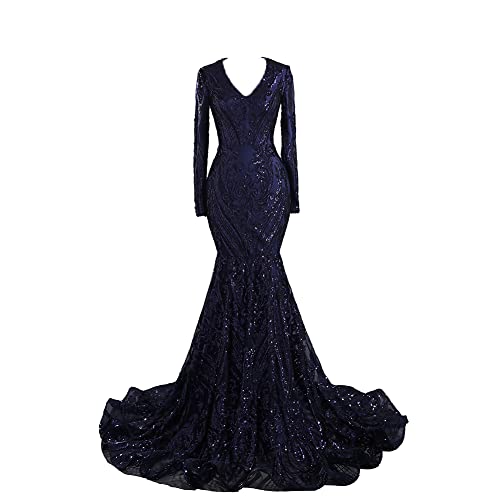 Mermaid Trumpet Evening Gown Long Sleeve V Neck Sequins Elegant Dress Engagement Court Train