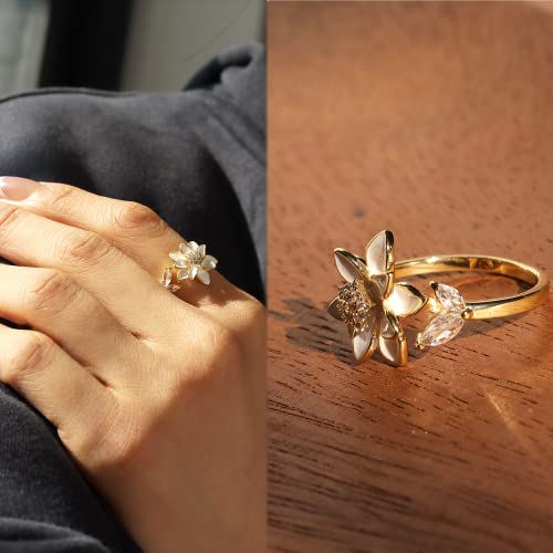 Sonateomber White Daisy Flower Adjustable Gold Ring For Women, Trendy Statement Diamond Rhinestone Enamel Lotus Front Open Floral Jewelry Gift thumb #2