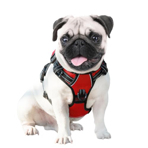 Image of PHOEPET No Pull Dog Harness Medium Reflective Front Clip Vest with Handle,Adjustable 2 Metal Rings 3 Buckles[Easy to Put on & Take Off](M, Red)
