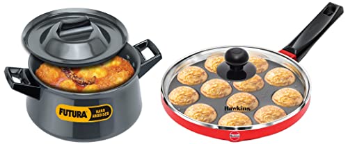 Image of Hawkins Cookware Set | 3L Futura Hard Anodised Handi & 12-Cup Non-Stick Appe Pan | Premium Kitchen Essentials | Glass Lid Included