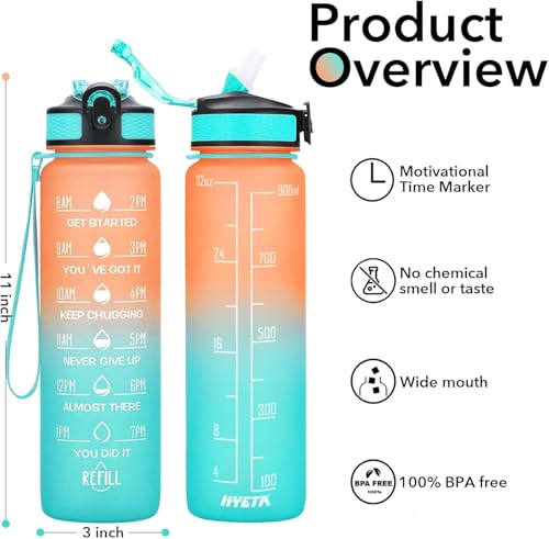 Image of TEKCOOL Motivational 1L Capacity Orange Green Plastic Bottle with Straw | Leakproof, Durable, BPA-Free | Ideal for School /College /Office /Travel, Sports /Outdoor Activities'