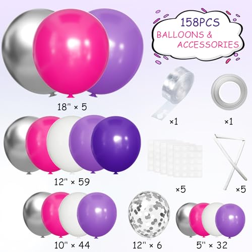 Image of MEBAY Hot Pink Purple Silver Baloon Garland Arch Kit, 146Pcs Latex Balloons Different Sizes 18 12 10 5 inch for Women Girls Birthday Baby Shower Wedding Party Decorations