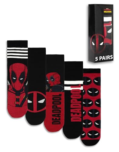 Marvel Deadpool Herren Wadensocken 5er Set | Grafikdesign in Rot & Schwarz | Alltagskleidung | Filmcharakter-Merchandise Merch