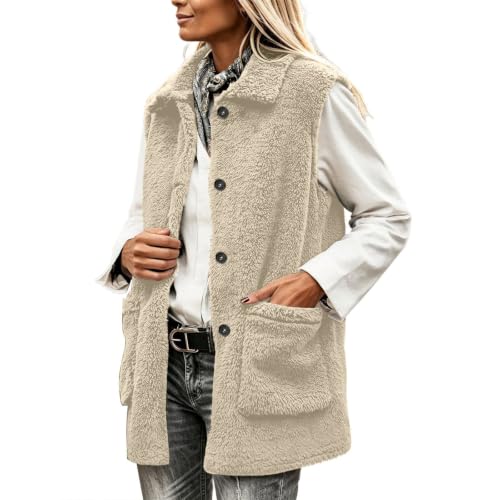 YBEBEWE Women's Fleece Gilet Sleeveless Jacket Button Down Sherpa Waistcoat
