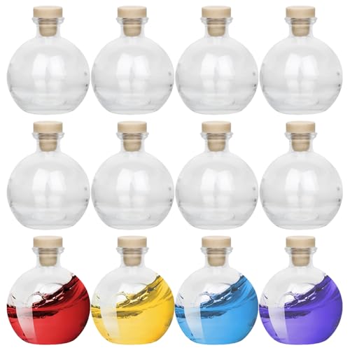 Hyuetrsa 12 Pcs Spherical Glass Bottles with Lid, 8.5 oz Round Glass Potion Bottles Halloween Clear Potion Jars Decorative Bottle for Christmas Halloween Costume Props DIY Crafts