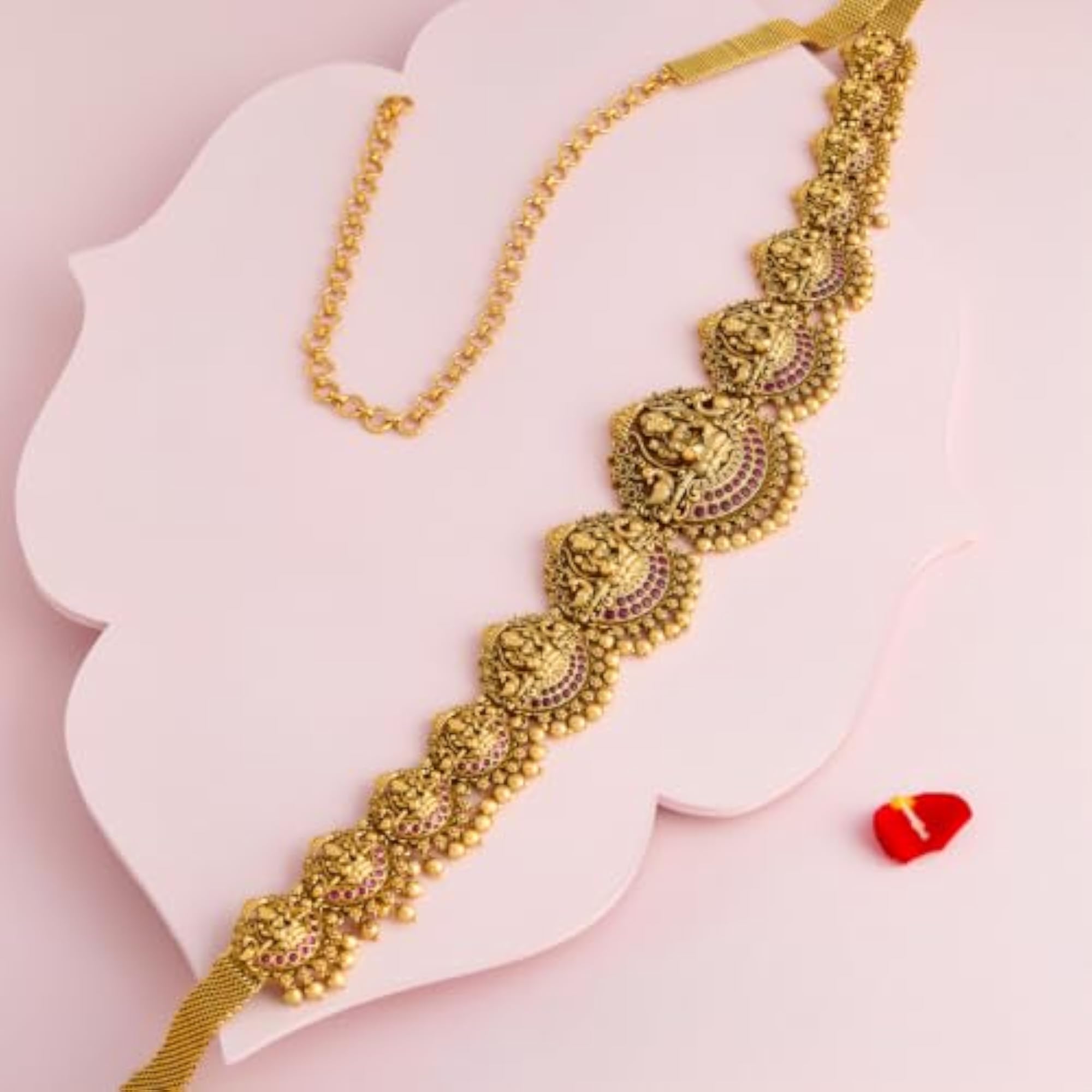 Women's Ruby Gold Plated Antique Kamarbandh Waist Belt, Adjustable