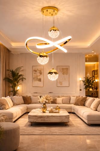 Image of Premium Three Loop Curved LED Stylish Gold Finish with 3 Different Color Mode (Warm White, Cool White, Neutral White) Chandelier with Height Adjustable Hanging for Bedroom, Living, Dining, Etc