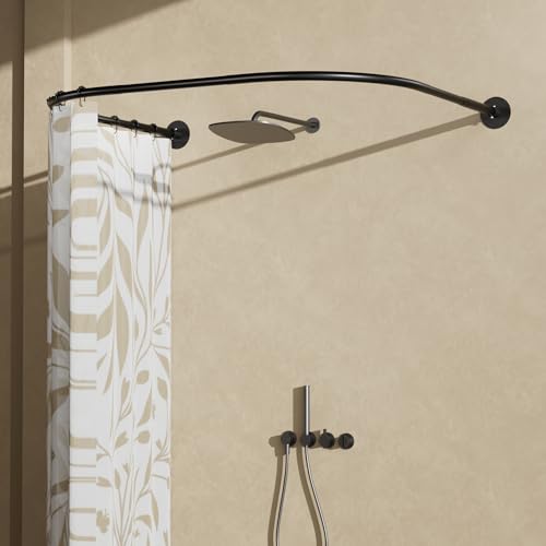Womamny U Shaped Shower Curtain Rail Black, Curved Shower Rail No Drill, 70-95 cm Adjustable Shower Curtain Rod, Corner Shower Curtain Pole No Drill or Drill Installation