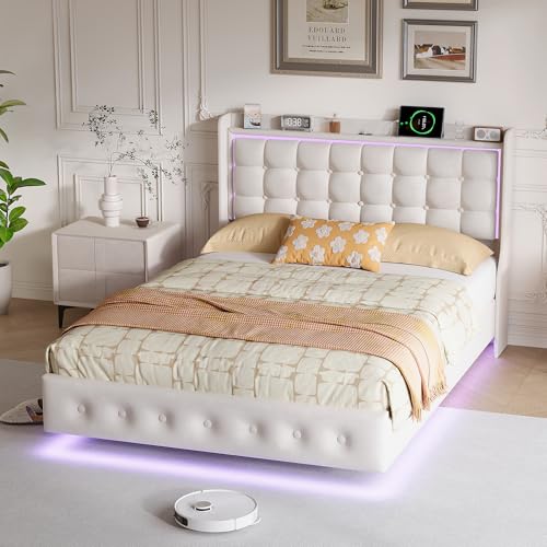 JYCRA Marco de cama doble, 140 x 200 cm, efecto visual flotante, cama flotante con espacio de almacenamiento, cabecero alto, moderno, cama doble con somier (blanco, 140 x 200 cm)