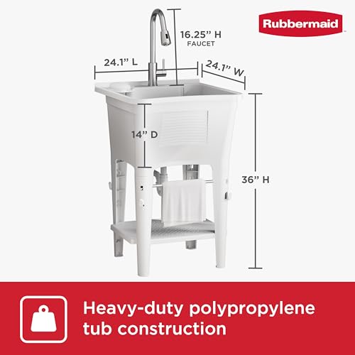 Image of Rubbermaid Utility Sink Laundry Tub, Freestanding All-in-One Sink with Premium Stainless Steel Sprayer Faucet, for Laundry Room, Basement, Garage, 24.1 inch L x 24.1 inch W x 52.5 inch H, White