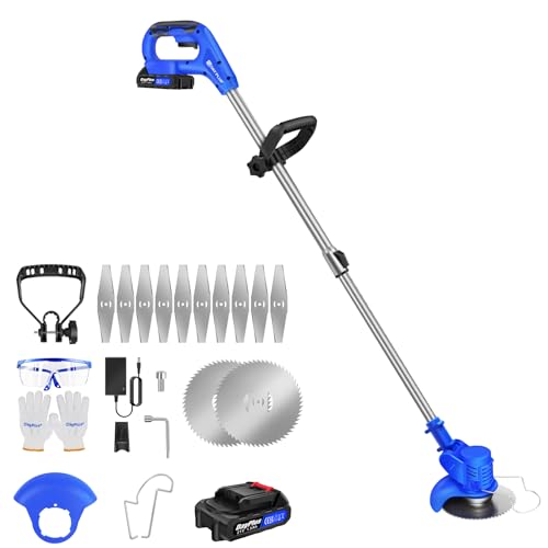 Electric Grass Trimmer and Edger, 21V Cordless String Trimmer, Battery Grass Trimmer with 2 x 1.5 Ah Batteries, 10 Metals Blade, 2 Circular Blades for Garden Clearing Weeds Flower