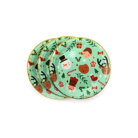 Christmas Character Plates - Pack of 10 Green Plates with Christmas Character Pattern - Fun Kids Christmas Party Table Decoration Cover