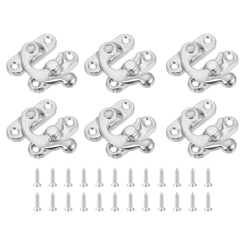 QUARKZMAN 6pz Vintage Serratura Chiavistello, 27 x 32mm Mini Chiavistello Braccio Oscillante Chiavistello Sinistro Gancio Chiavistello con Viti per Scatola Gioielli Valigia Cassetta, Argento