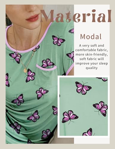 Image of Ekouaer Womens Nightgown Sleep Shirt Dress Satin Patchwork Short Sleeve Sleepwear with Pocket