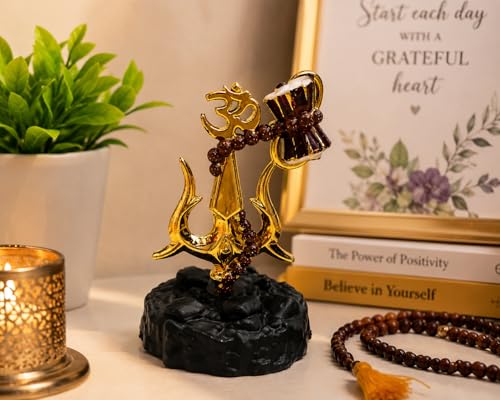 Image of Trishul Damroo Idol with Original Rudraksha Beads | Lord Shiva Symbol Murti for Car Dashboard, Home Decor & Office Table | Spiritual Gift for Pooja, Housewarming & Festive Use
