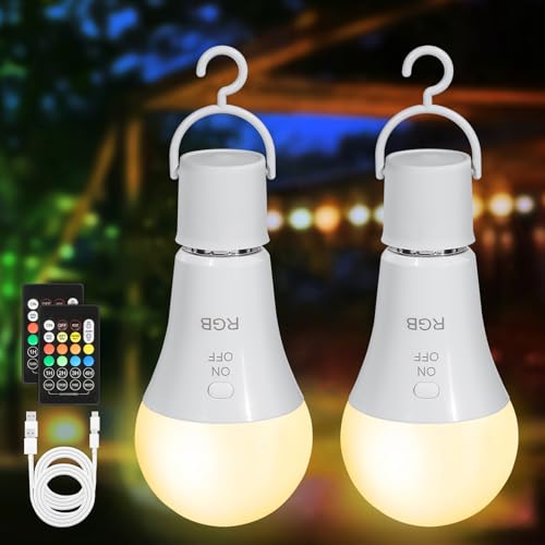 Kimjo Ampoule E27 Led, RGB Ampoule Rechargeable avec Telecommande Sans Fil Dimmable, USB C Batterie LED avec Fonction de Timing, 7W, 2000mAh, Lot de 2