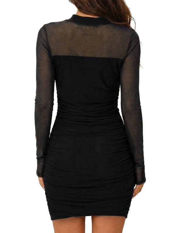 Vestito Donna Elegante Maniche Lunghe Collo Alto Sexy Mini Abito a Rete Trasparente Casual Vestito Corto Autunno Inverno Tubino Aderente con Arricciatura per Festa Discoteca Sera Cocktail