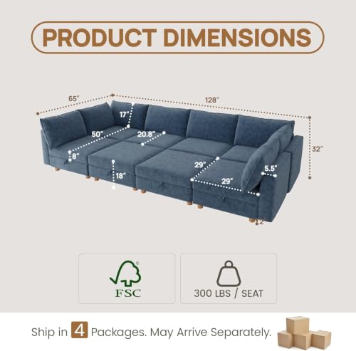 Image of 128 inch Chenille Modular Sofa Bed with Washable Covers & Storage, 8-Seater Modular Sectional Sleeper Sofa Bed with Movable Ottoman Chaise, Convertible Sleeper Sectional Couches for Living Room, Blue