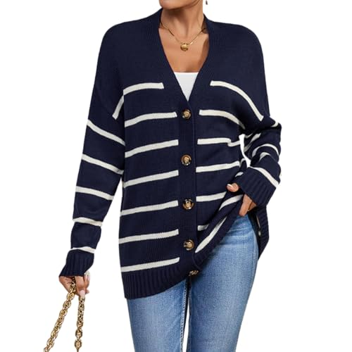 Womens Oversized Cute Striped V Neck Button Long Cardigan Fall 2024 Lightweight Ribbed Knit Sweater Cardigans