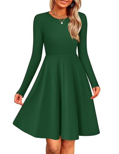 Zeagoo Damen Strickkleid Langarm Elegant A-Linie Kleider Casual Rundhals Herbstkleid Warm Winterkleid Leichte Pulloverkleid Dunkelgrün M