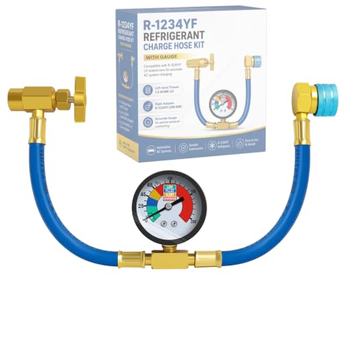 Ketofa R1234YF Refrigerant Charge Hose Kit R-1234YF AC Refrigerant Can Hose with Gauge 1/2 ACME-LH Sealed Can Opener Tap and R1234YF Low Side Adapter