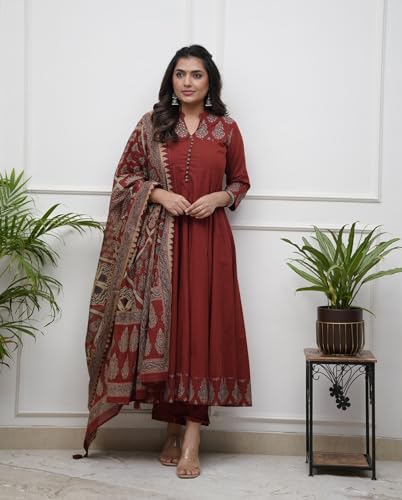Image of GoSriKi Women's Rayon Viscose Anarkali Printed Kurta Pant with Dupatta | Anarkali Kurta Set for Women | Flared Kurti Pant Set | Ethnic Printed Suit for Women