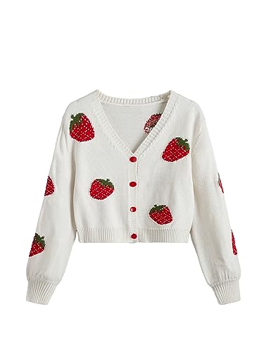 WDIRARA Girl's Strawberry Printed Button Front Long Sleeve Casual Cardigan Sweaters