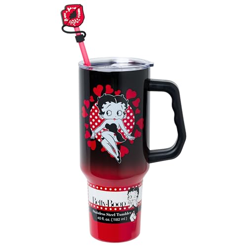 Silver Buffalo Betty Boop Core Cute Sitting Pose Hearts and Dots Stainless Steel Tumbler with Straw Cover Cap, Lid, Straw and Handle - 40 oz