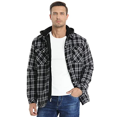 CHEXPEL Flannel Jackets for Men Long Sleeve Plaid Shirt Jacket Quilt Lined Hooded with Button Down Winter Coat4