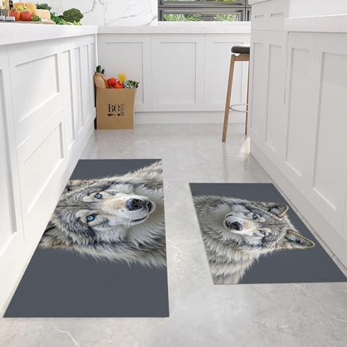 Alfombras de cocina lavables y antideslizantes con diseño de lobo feroz gris 5