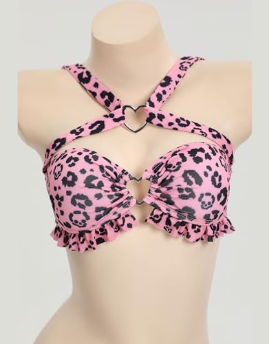 MEOWCOS Women's Bikini Sets Halter Top and Panty Bottom Unique Skull Leopard Print Two-Piece Swimsuit Pink3