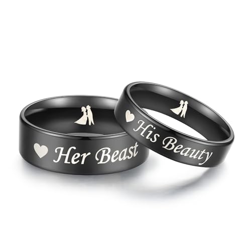 Gloriginal Amazing His Beauty Her Beast Titanium Stainless Steel Couple Ring Set Anniversary Engagement Promise Ring