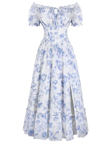 Robe longue d'été bohème à col carré et manches bouffantes en coton fluide