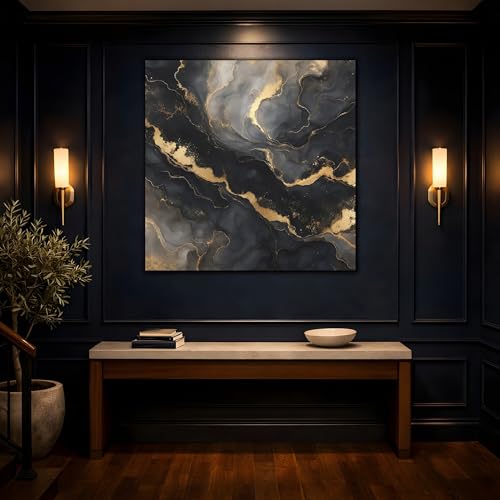 Tableau abstrait marbre noir et or petit format carré pour mur de salon